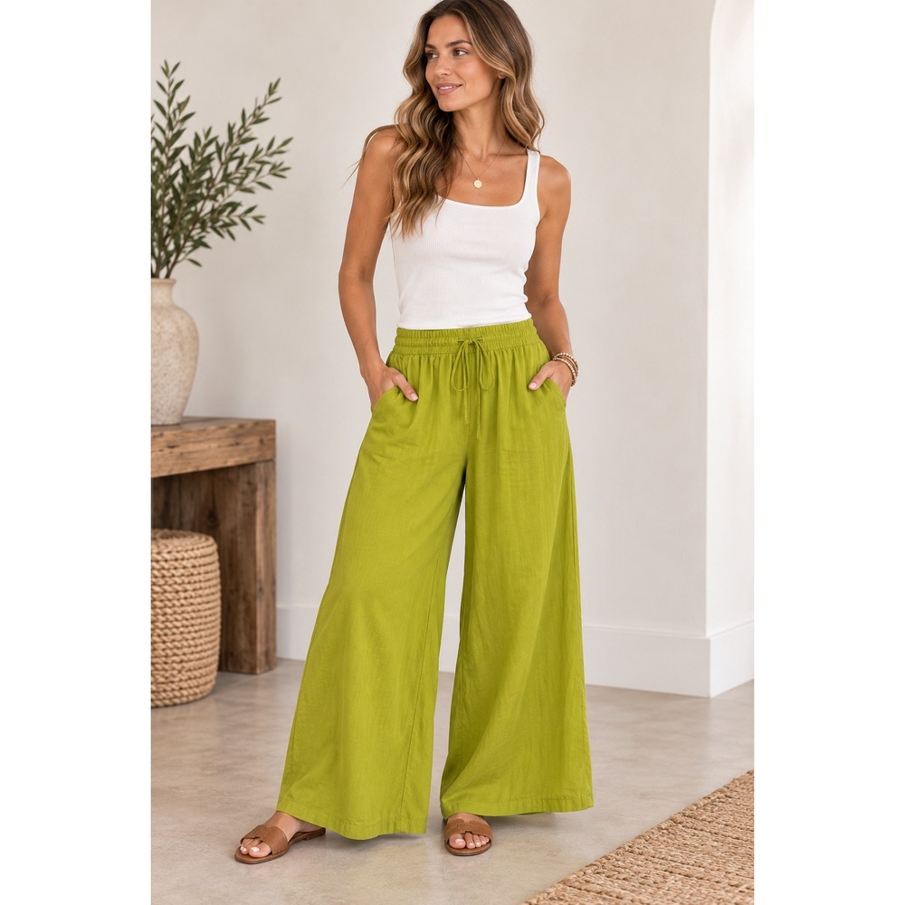 Joie Women's L Green Wide Leg Pull On Pants Drawstring 100% Polyester 29" Inseam